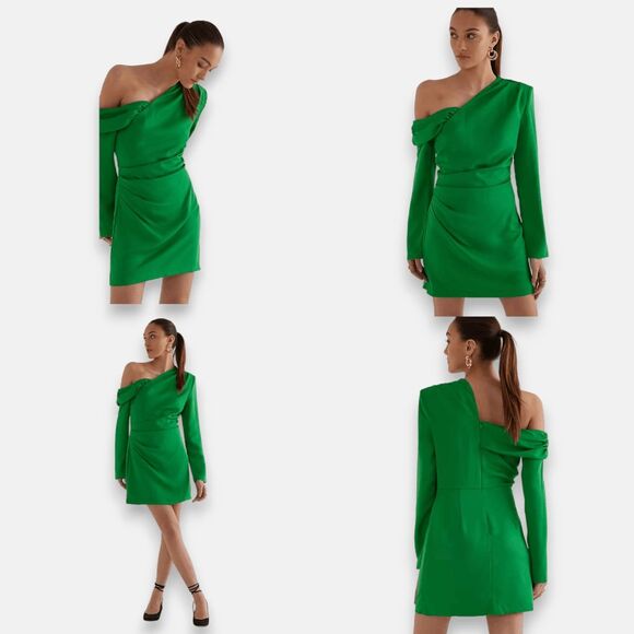 Misha Cormac One Shoulder Satin Island Green Mini Dress‎ Size Medium EU 38 - Picture 1 of 10